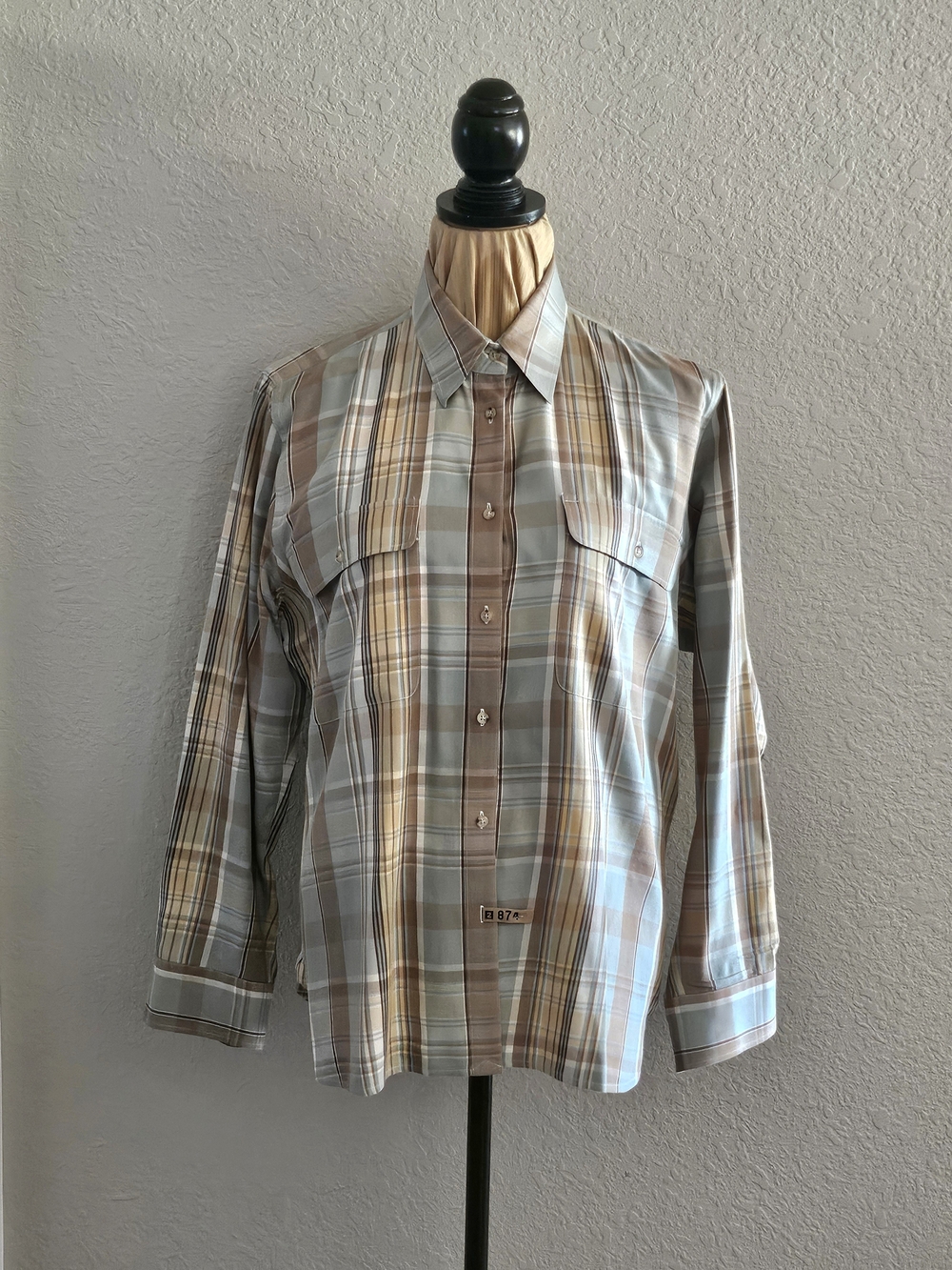 Ralph Lauren Women's Plaid Button-Down Autumn Shirt in Tan and Light Blue